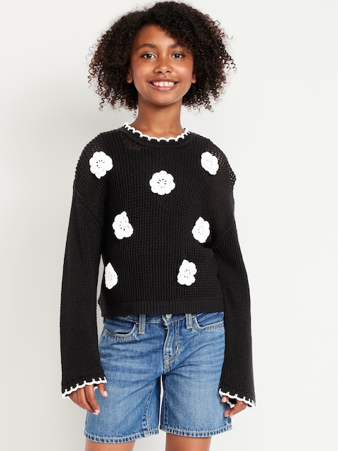 Long-Sleeve Crochet-Floral Sweater for Girls - Black And White Floral