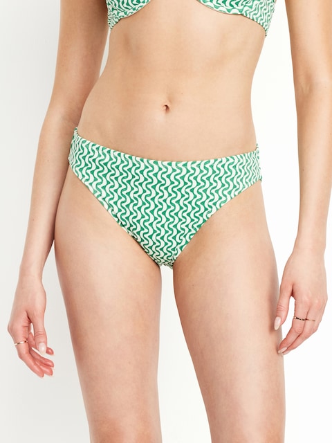 Mid-Rise Textured Bikini Swim Bottoms - Green Geometric