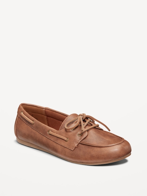 Faux-Leather Boat Shoes for Women - Cognac Brown