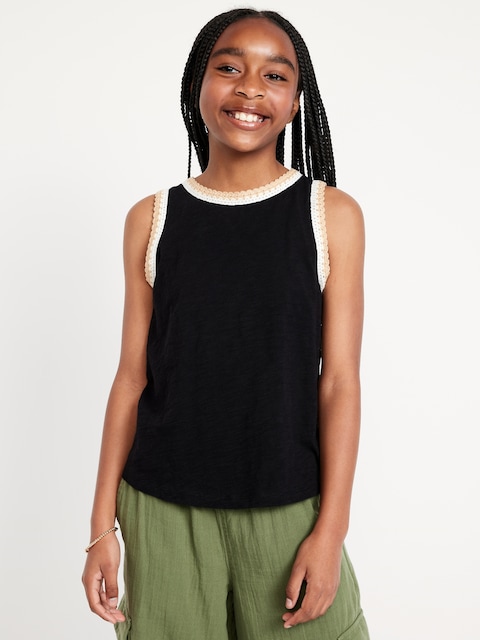 Sleeveless Crochet-Trim Top for Girls - Black Jack