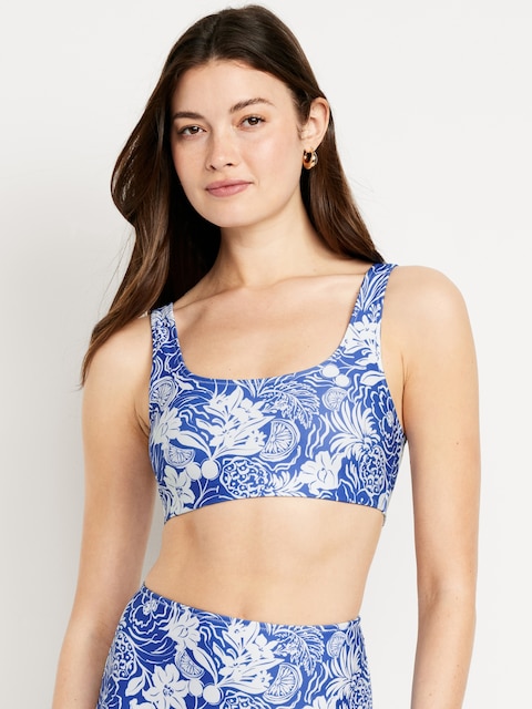 Matte Scoop-Neck Bikini Swim Top - Blue Floral