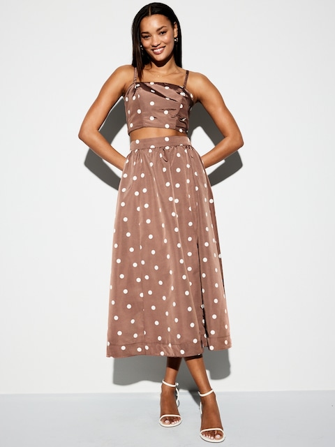 The Occasion by Old Navy High-Waisted Taffeta Midi Skirt - Brown Dots