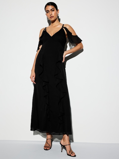 The Occasion by Old Navy Off-Shoulder Ruffle Chiffon Maxi Dress - Black Jack