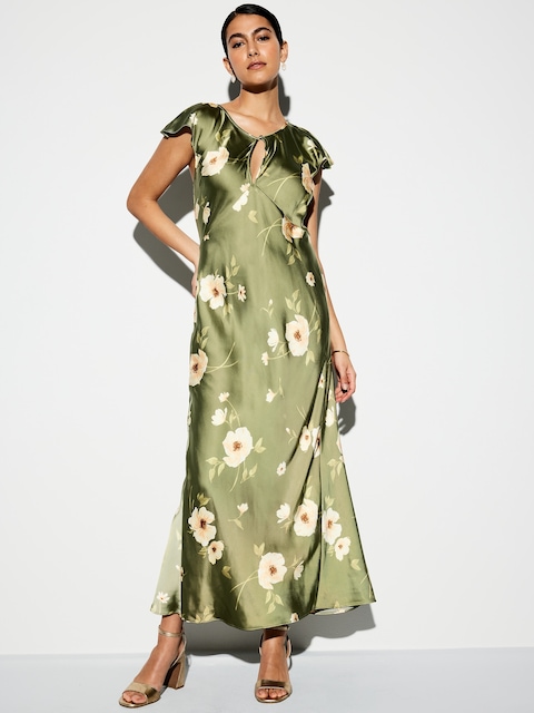 The Occasion by Old Navy Flutter-Sleeve Keyhole Satin Maxi Dress - Green Floral