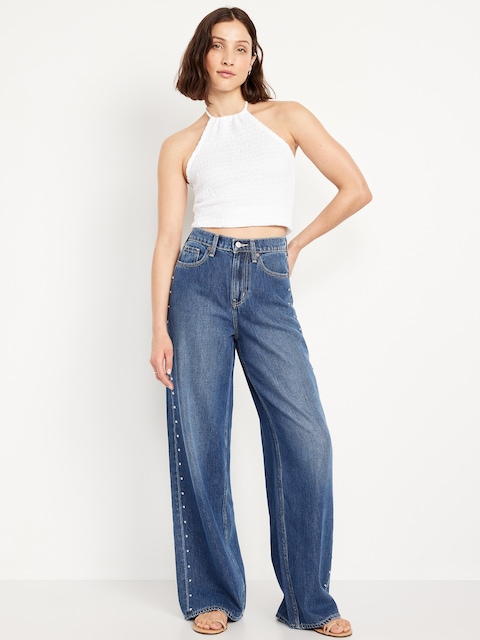 High-Waisted Baggy Wide-Leg Studded Jeans - Studded Medium Wash