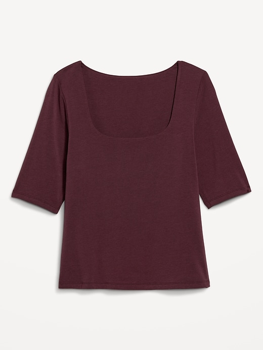 Image number 7 showing, Fitted Double-Layer Elbow-Sleeve Scoop-Neck Top