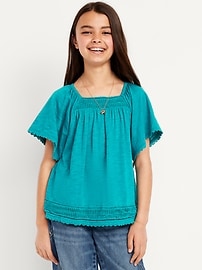 Image number 1 showing, Short Flutter-Sleeve Crochet-Trim Top for Girls