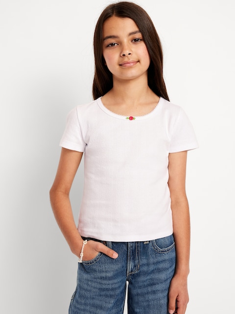 Short-Sleeve Pointelle-Knit Top for Girls - Calla Lily White