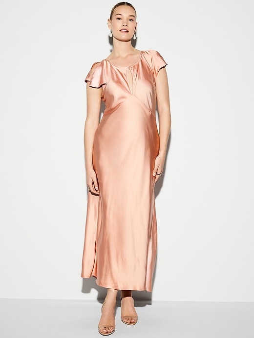 Image number 7 showing, The Occasion by Old Navy Flutter-Sleeve Keyhole Satin Maxi Dress