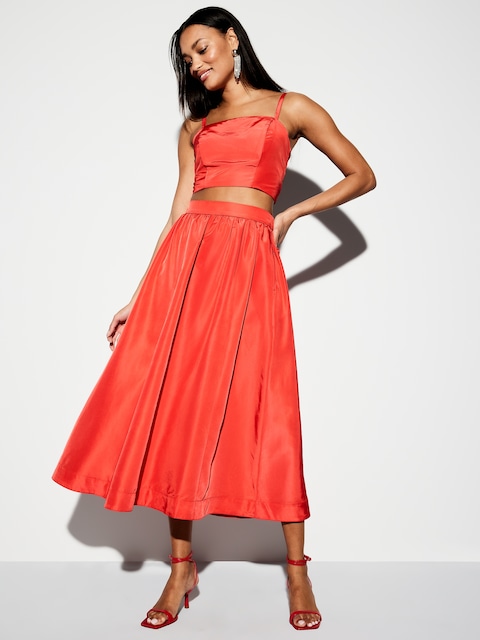 The Occasion by Old Navy High-Waisted Taffeta Midi Skirt - Live Coral