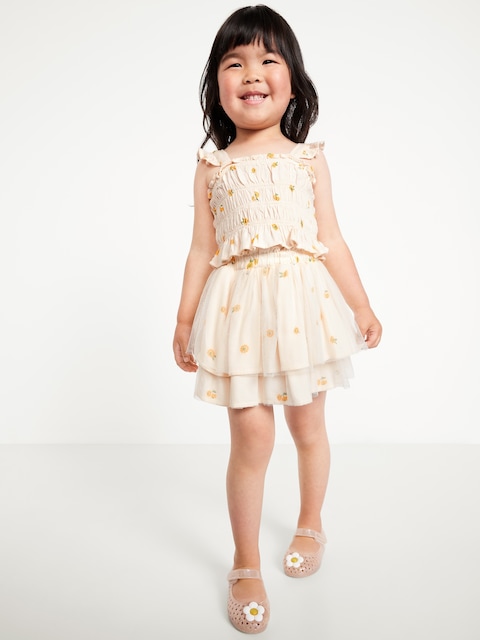 Printed Sleeveless Smocked Top and Tulle Skirt Set for Toddler Girls - Creme De La Creme