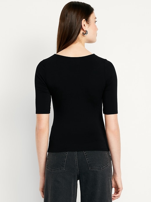 Image number 2 showing, Fitted Double-Layer Elbow-Sleeve Scoop-Neck Top