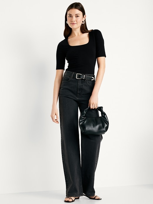 Image number 3 showing, Fitted Double-Layer Elbow-Sleeve Scoop-Neck Top