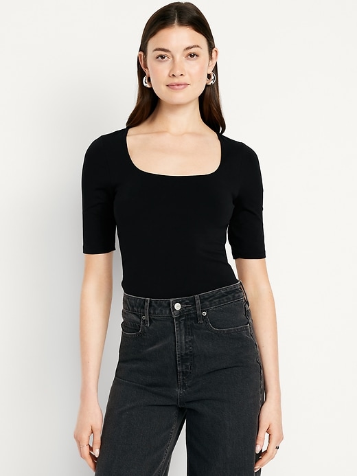 Image number 1 showing, Fitted Double-Layer Elbow-Sleeve Scoop-Neck Top