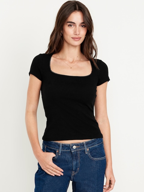 Square-Neck Ribbed T-Shirt - Black Jack