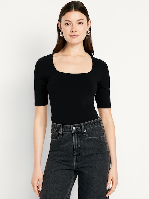 Fitted Double-Layer Elbow-Sleeve Scoop-Neck Top - Black Jack
