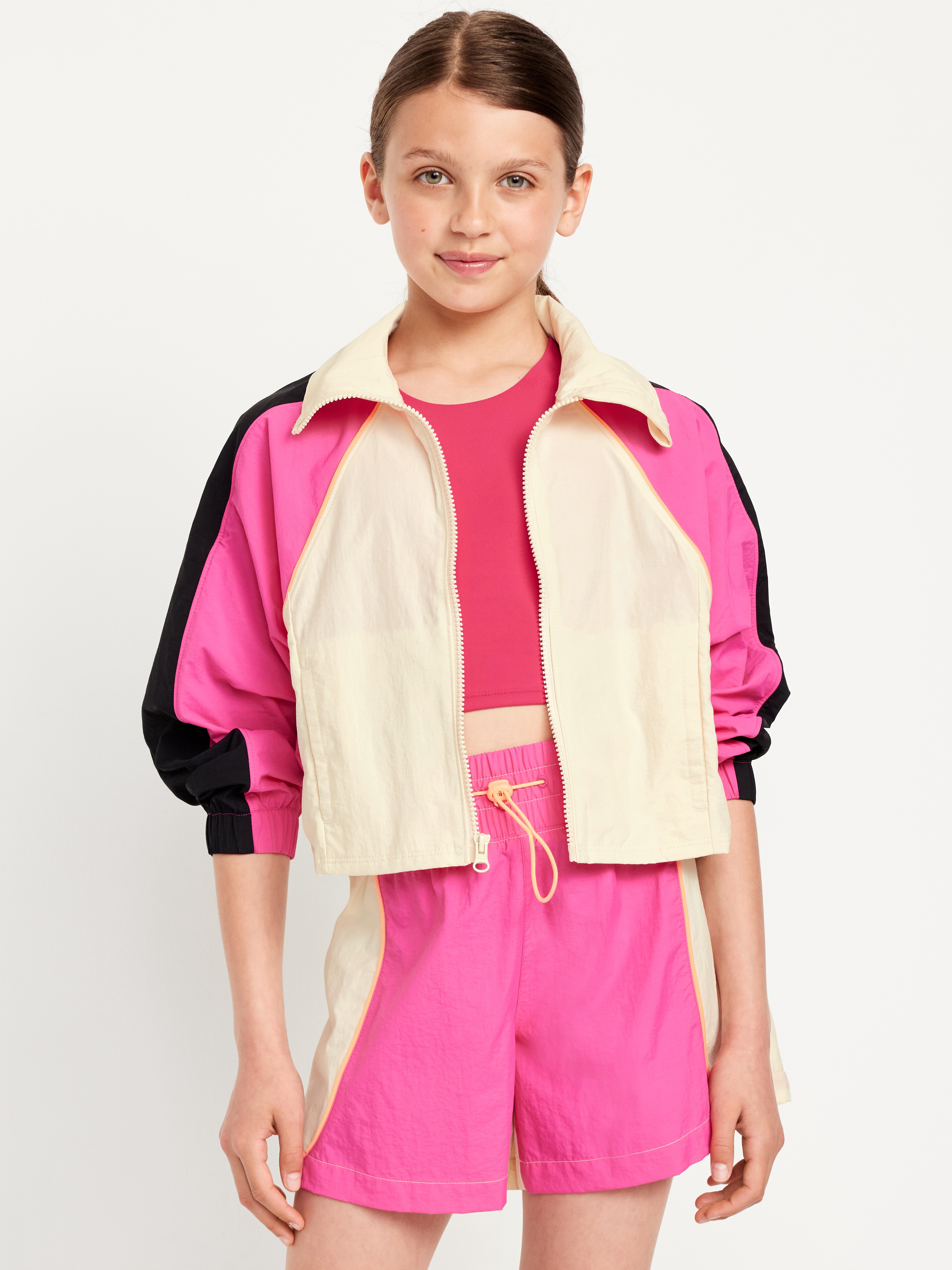 Shiny Oversized Cropped Color-Block Zip Jacket for Girls | Old Navy