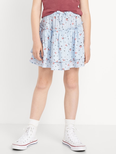 Printed Tiered Ruffled Skirt for Girls - Blue Ditsy Floral