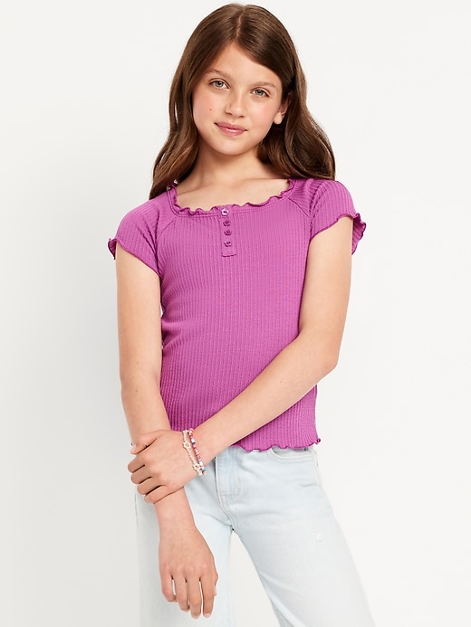 Image number 1 showing, Fitted Short-Sleeve Lettuce-Edge Top for Girls
