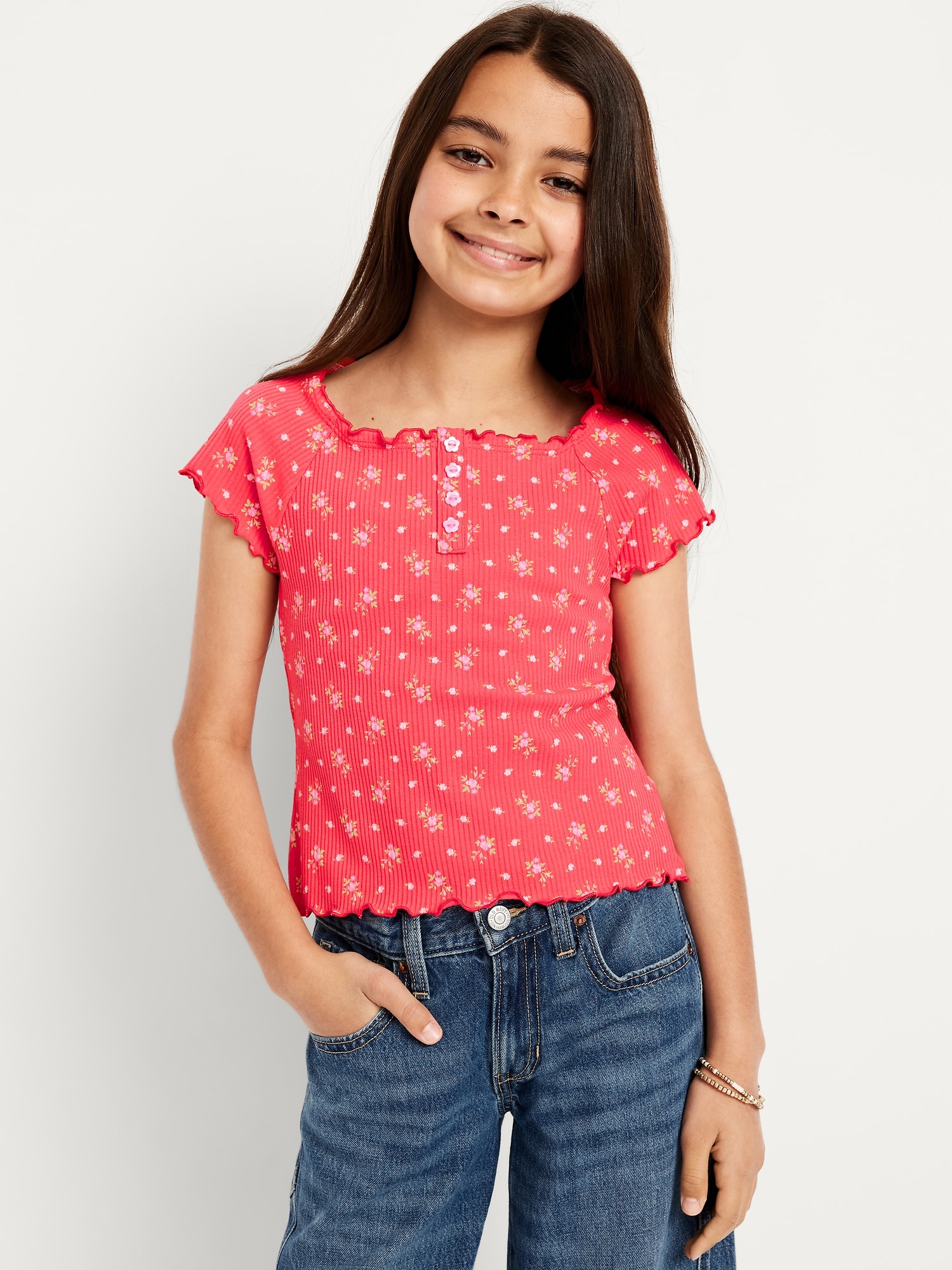 Fitted Short-Sleeve Lettuce-Edge Top for Girls | Old Navy