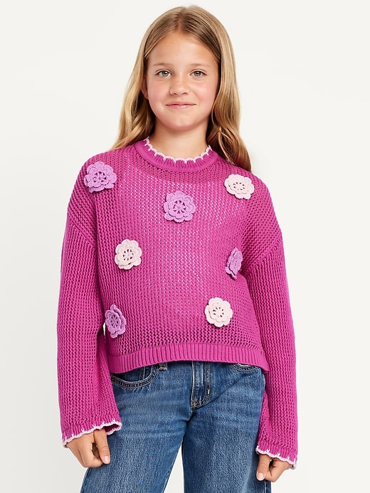 Image number 1 showing, Long-Sleeve Crochet-Floral Sweater for Girls