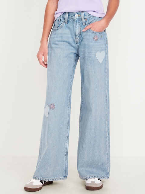 Super Baggy Wide-Leg Embroidered Jeans for Girls - Light Wash