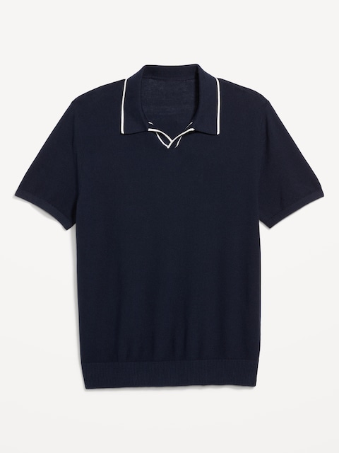 Tipped Collar Polo Sweater - Navy Blue