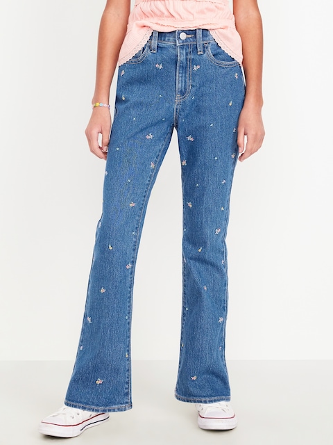 High-Waisted Embroidered Flare-Leg Jeans for Girls - Medium Wash (Floral Embroidery)