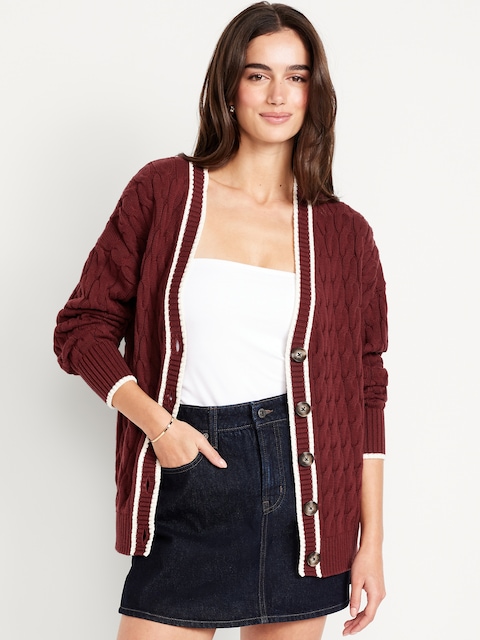 Slouchy Cable-Knit Cardigan Sweater - Clove