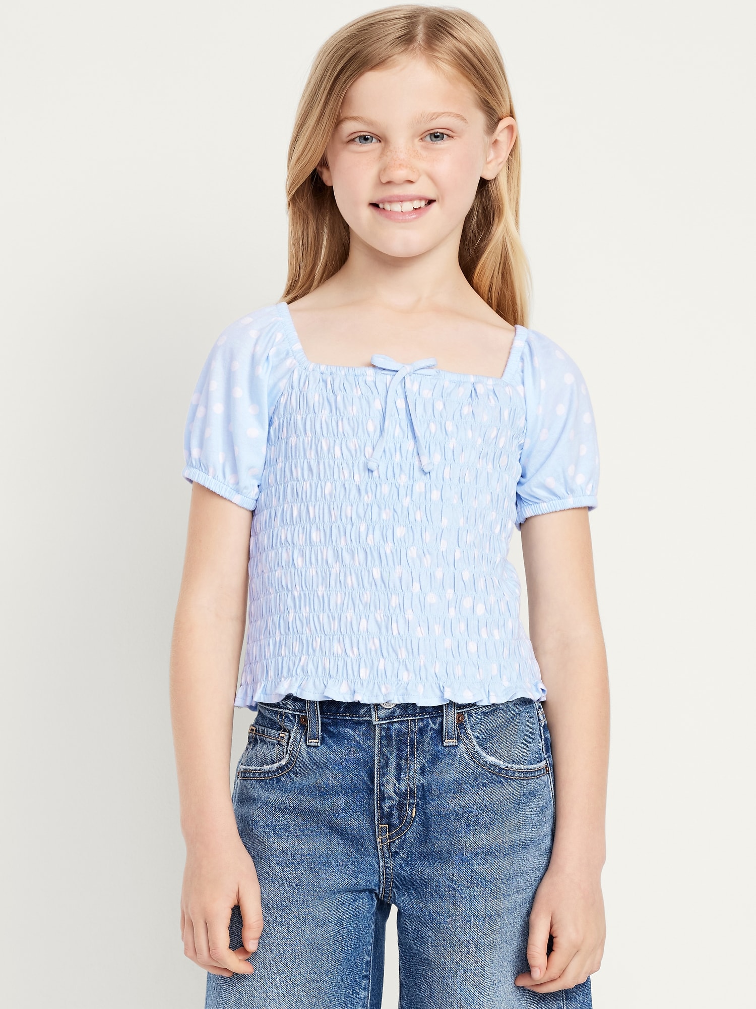 Short Puff-Sleeve Smocked Top for Girls
