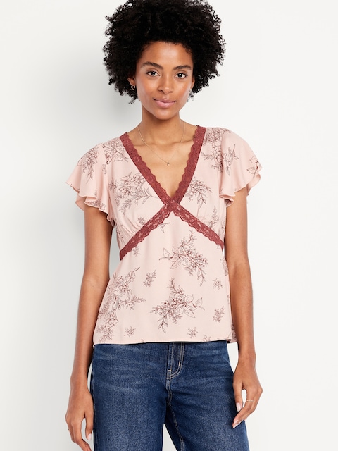Lace-Trim V-Neck Crepe Top - Pink Floral