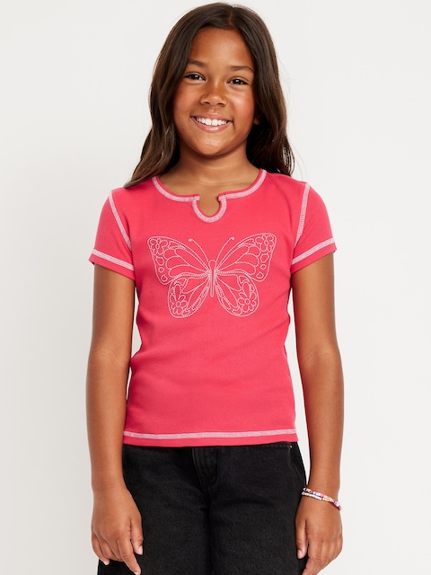 Fitted Ribbed Graphic T-Shirt for Girls - Bright Cerise