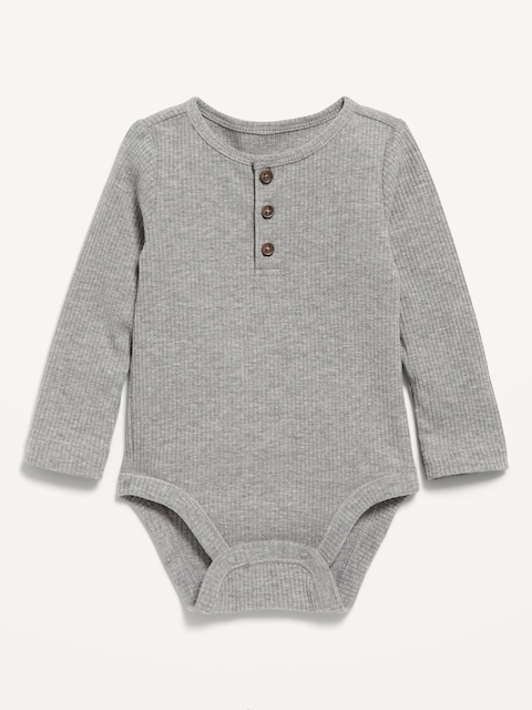 Long-Sleeve Ribbed Henley Bodysuit for Baby - Heather Gray