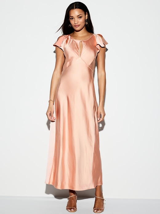 old navy women's the occasion flutter-sleeve satin maxi dress by Old Navy Keyhole neck short flutter sleeves seamed bodice slim fit hits at ankle maxi length is 55 from shoulder (size m) The Occasion by Old Navy