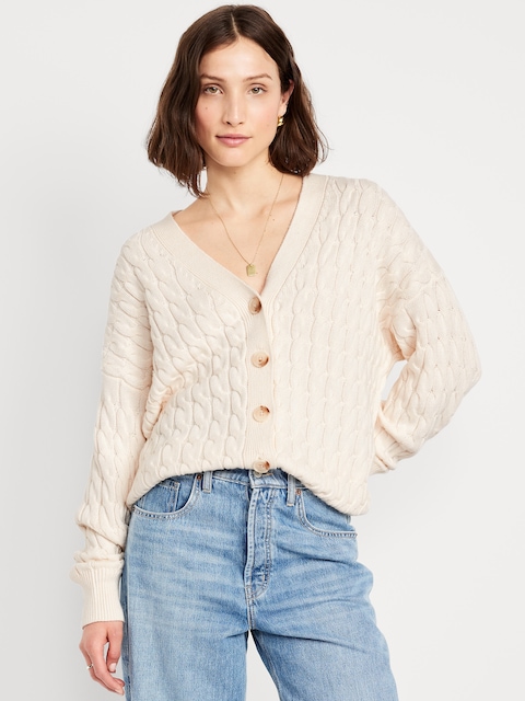 Oversized Slouchy Cable-Knit Cardigan Sweater - Creme De La Creme