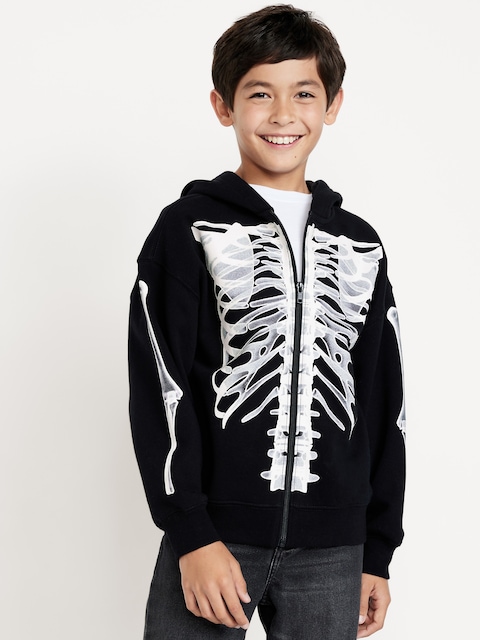 Favorite Fleece Oversized Zip Hoodie for Boys - Black Skeleton