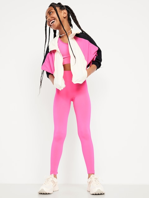 Fitted High-Waisted 7/8-Length Seamless Performance Leggings for Girls - Cyber Pink Neon