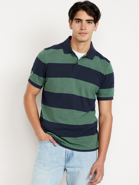 Classic Fit Pique Polo - Green/Navy Stripe