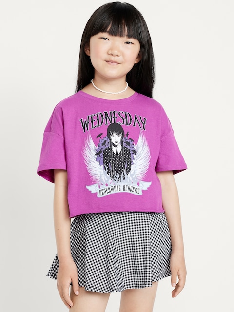Wednesday™ Oversized Cropped Graphic T-Shirt for Girls - Vibrant Plum
