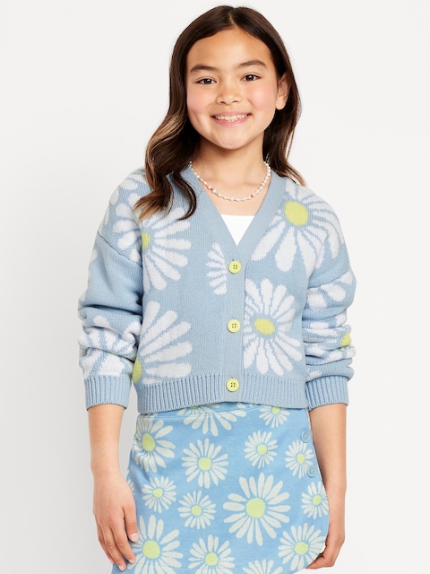 Printed Button-Front Cardigan Sweater for Girls - White Daisy
