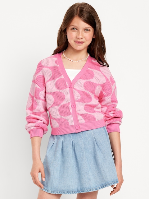 Printed Button-Front Cardigan Sweater for Girls - Pink Square Geo