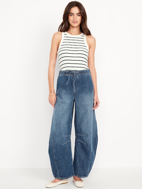 High-Waisted Pull-On Barrel Jeans - Medium Wash