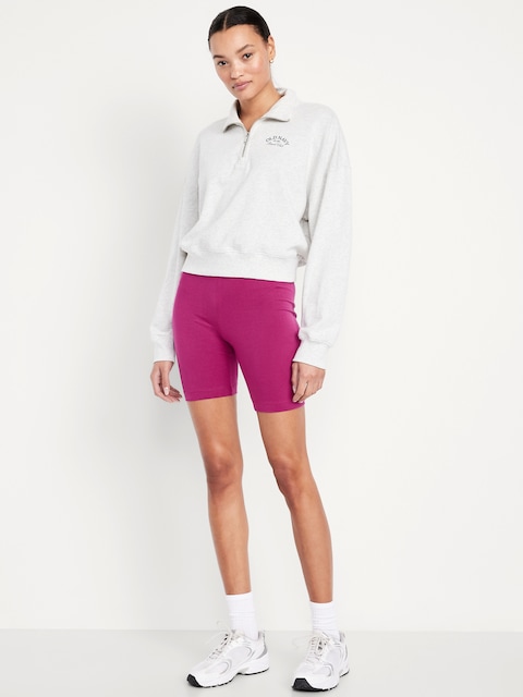 High-Waisted Biker Shorts -- 8-inch inseam - Magenta Lacquer