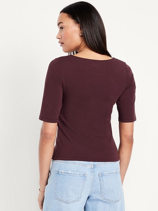 Image number 2 showing, Fitted Double-Layer Elbow-Sleeve Scoop-Neck Top
