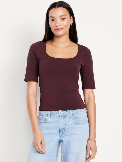 Fitted Double-Layer Elbow-Sleeve Scoop-Neck Top - Dark Sepia