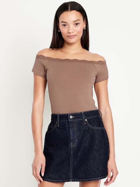 Off-Shoulder Lace-Trim Top - Driftwood