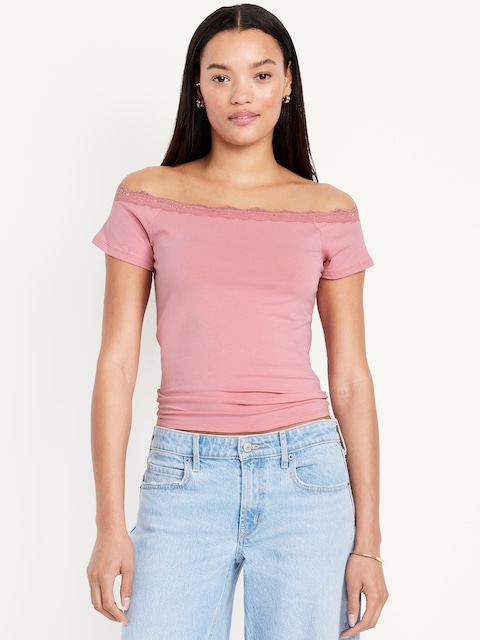Off-Shoulder Lace-Trim Top - Mauve Comfort