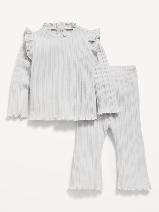 Image number 1 showing, Cozy Long-Sleeve Ribbed Ruffle-Trim Top and Pants Set for Baby