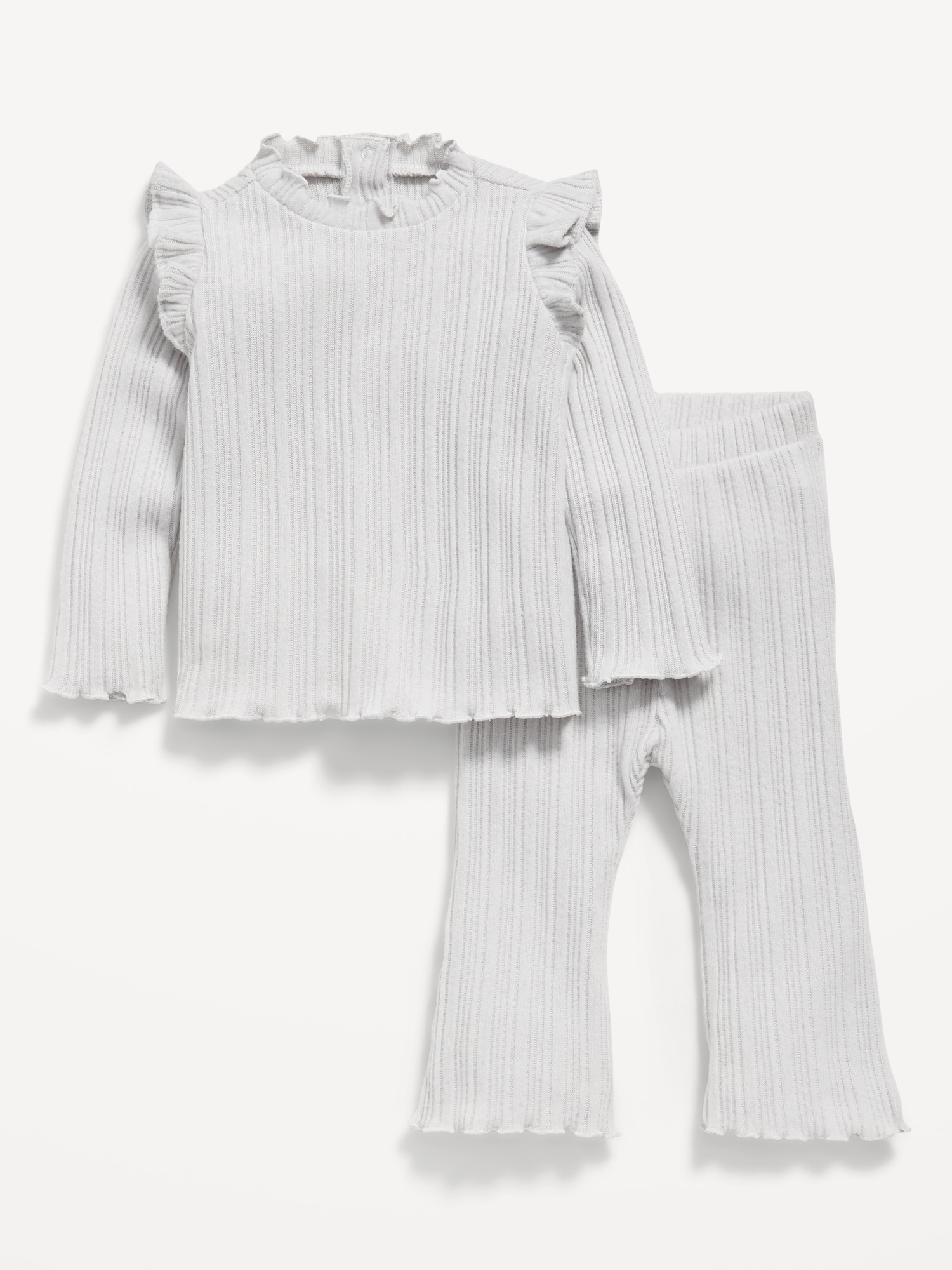 Cozy Long-Sleeve Ribbed Ruffle-Trim Top and Pants Set for Baby