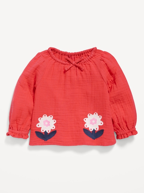 Long-Sleeve Embroidered Double-Weave Top for Baby